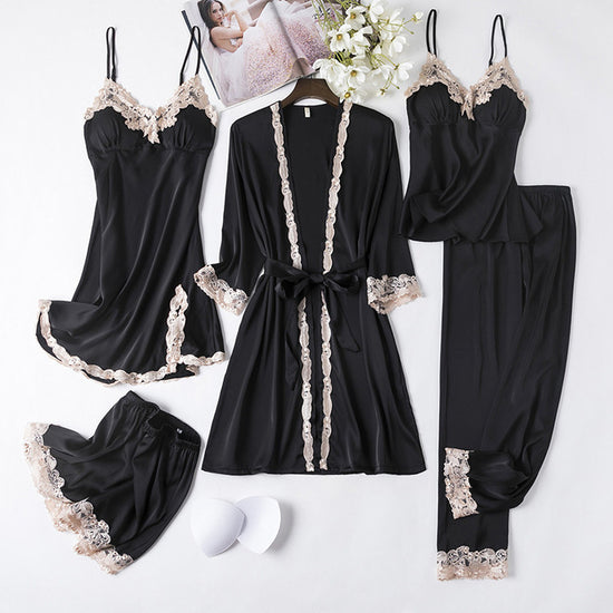 Ice Silk Sexy Slip Nightdress Silk Satin Nightgown With Chest Pad Five-piece Suit Homewear - Dana Fashion