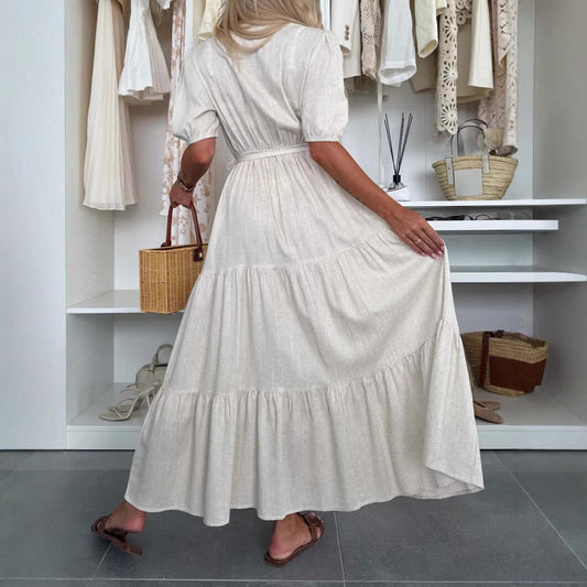 Summer V-neck Dress Wrapped Chest Solid Color Loose Lace-up Dress $45.90 Dana Fashion Color: Black Size: L Women's clothing Product information: Pattern: solid color Color: white, black, green Waist Type: Mid waist Size: S,M,L,XL,XXL,XXXL Skirt length: lo