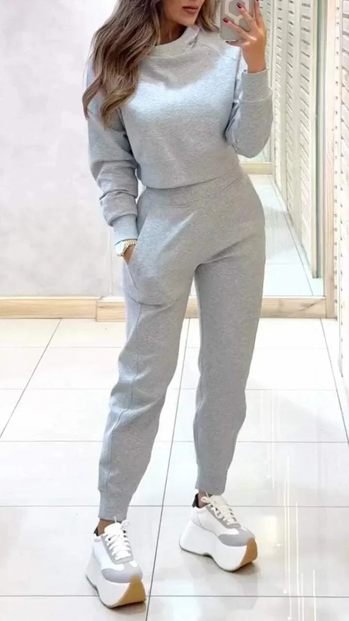 Stand Collar Sports Suit Fashion Pullover Long-sleeves Short Top And Slim Trousers With Pockets Solid Outfits Women's Clothing - DanaFashionstore