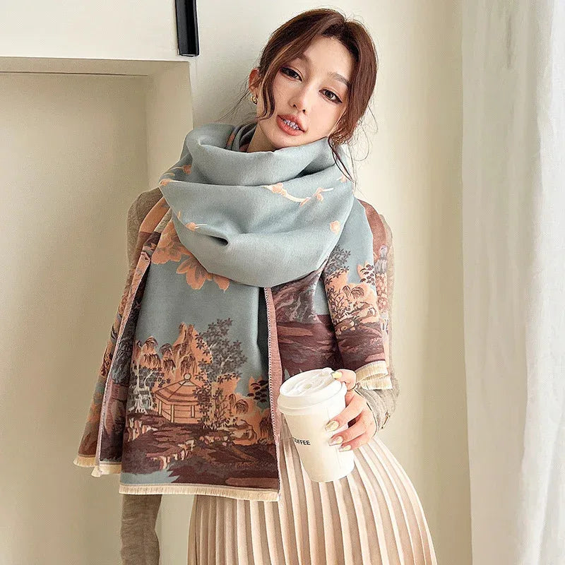 Vintage Plum Scarf Women's Artificial Cashmere Thickened Double-sided Student Shawl - DanaFashionstore