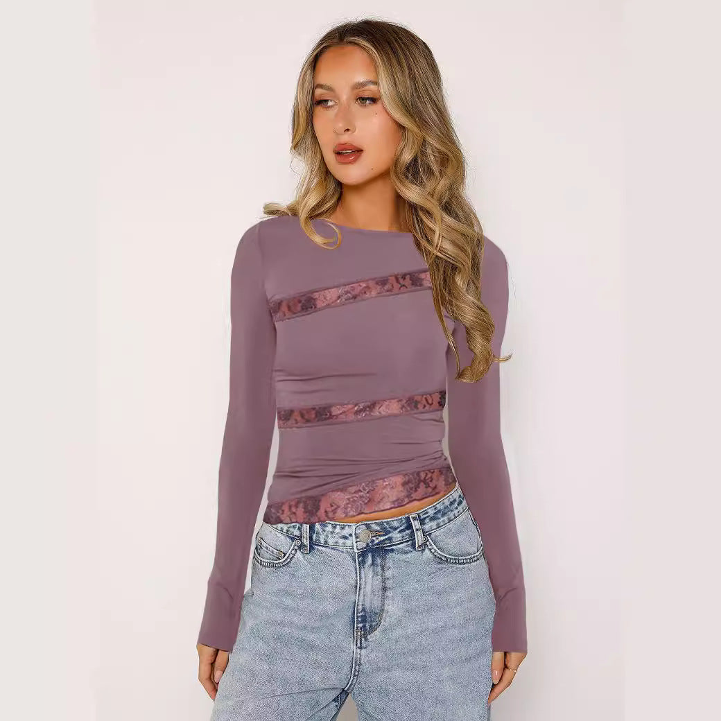 Sexy Lace Patchwork Short-Sleeve Long-Sleeve T-Shirt