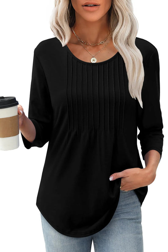 Women's Long Sleeve Top Fashion Casual Pleated Low Round Neck