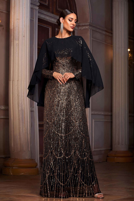 Elegant Long Sleeve Round Neck Shawl Banquet Sequined A- Line Evening Dress