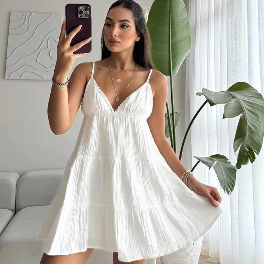 Sexy Spaghetti-strap Nightgown With A Deep V-neck And Lace Detailing For Womens Loungewear