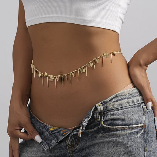 All-match Butterfly Stitching Copper Pendant Waist Chain $16.14 Dana Fashion Color: Gold Women's Accessories Product information: Type: waist chain Color: Gold Style: Women's Material: Copper Style: European and American Size: Packing list: Copper waist c