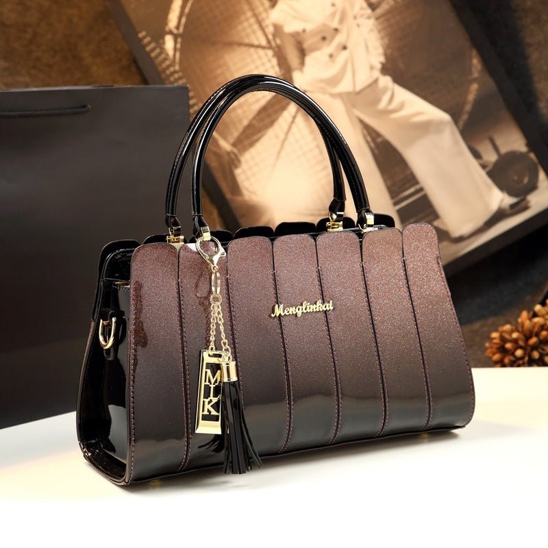 All-match handbag $180.99 Dana Fashion Color: Rose gold Women's Bags Leather material: patent leather Product size: 33cm* 13cm* 20cm Inside material: high-density polyester lining Product structure: zipper pocket / compartment inner pocket Style: single s