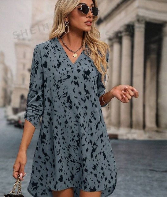 Allover Print Roll Up Sleeve Dress Ladies Casual High Low Long Sleeve V Neck Regular Fit Short Apricot Roll Up Sleeve All Over Print Tunic Women Short Dresses $26.10 Dana Fashion Color: Dusty Blue Size: 2XL Women's clothing Details:High Low Neckline:V nec
