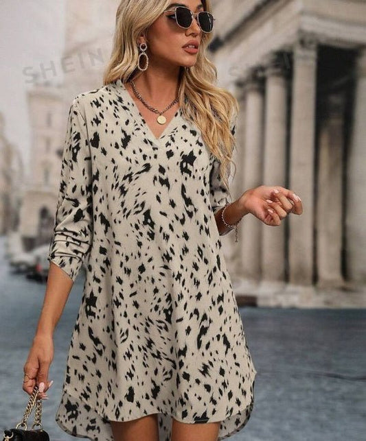 Allover Print Roll Up Sleeve Dress Ladies Casual High Low Long Sleeve V Neck Regular Fit Short Apricot Roll Up Sleeve All Over Print Tunic Women Short Dresses $26.10 Dana Fashion Color: Apricot Size: 2XL Women's clothing Details:High Low Neckline:V neck S