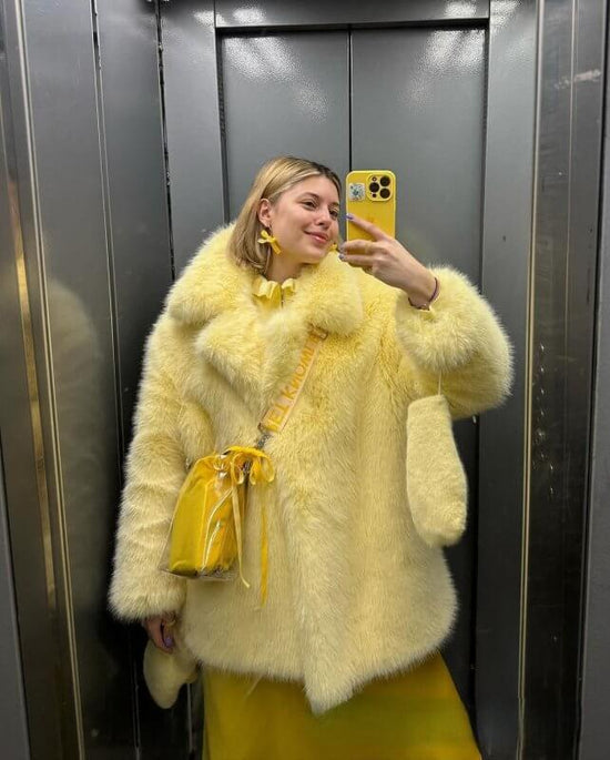 Artificial Fur Warm Coat Thick Coat Women $79.50 Dana Fashion Color: Yellow Size: 2XL Women's clothing Product information: Fabric name: artificial fur Color: Ivory Gray (suit collar lengthened), Ivory White (suit collar lengthened), pure white (suit coll