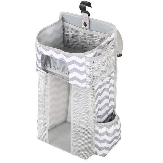 Attachable storage bags $111.79 Dana Fashion Color: Grey white Baby & Mother Descriptions: Material: Oxford cloth + PP support plate + diamond mesh Size:44.6*23*16cm（as shown in the follow picture） Packaging:1 Baby crib diaper organizer