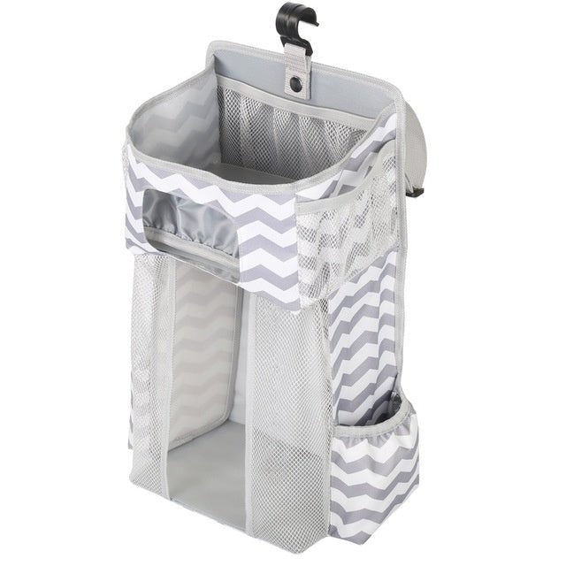 Attachable storage bags $111.79 Dana Fashion Color: Grey white Baby & Mother Descriptions: Material: Oxford cloth + PP support plate + diamond mesh Size:44.6*23*16cm（as shown in the follow picture） Packaging:1 Baby crib diaper organizer