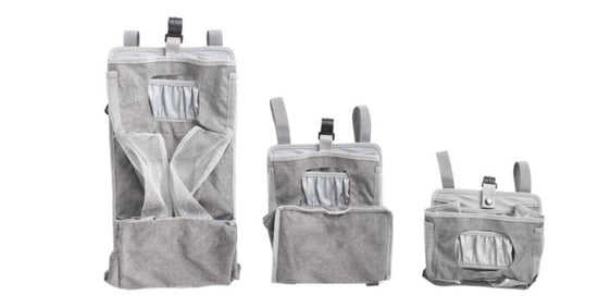 Attachable storage bags $111.79 Dana Fashion Color: Grey Baby & Mother Descriptions: Material: Oxford cloth + PP support plate + diamond mesh Size:44.6*23*16cm（as shown in the follow picture） Packaging:1 Baby crib diaper organizer