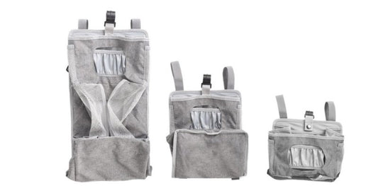 Attachable storage bags $111.79 Dana Fashion Color: Grey Baby & Mother Descriptions: Material: Oxford cloth + PP support plate + diamond mesh Size:44.6*23*16cm（as shown in the follow picture） Packaging:1 Baby crib diaper organizer