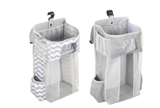 Attachable storage bags $111.79 Dana Fashion Color: Grey Baby & Mother Descriptions: Material: Oxford cloth + PP support plate + diamond mesh Size:44.6*23*16cm（as shown in the follow picture） Packaging:1 Baby crib diaper organizer