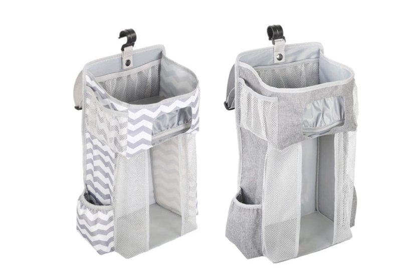 Attachable storage bags $111.79 Dana Fashion Color: Grey Baby & Mother Descriptions: Material: Oxford cloth + PP support plate + diamond mesh Size:44.6*23*16cm（as shown in the follow picture） Packaging:1 Baby crib diaper organizer
