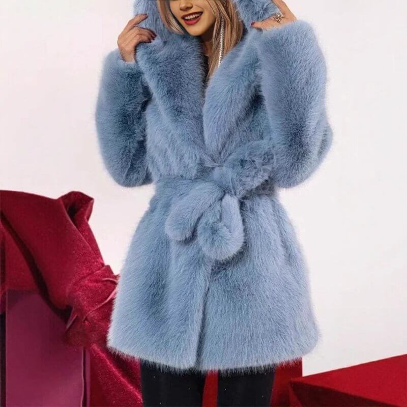 Autumn And Winter Elegant Hooded Strap Faux Fur Coat Women $49.50 Dana Fashion Color: Blue Size: 2XL Women's clothing Product information: Color: blue Size: S,M,L,XL,2XL,3XL Version: Loose Style type: fresh and sweet With fur collar: with fur collar Popul