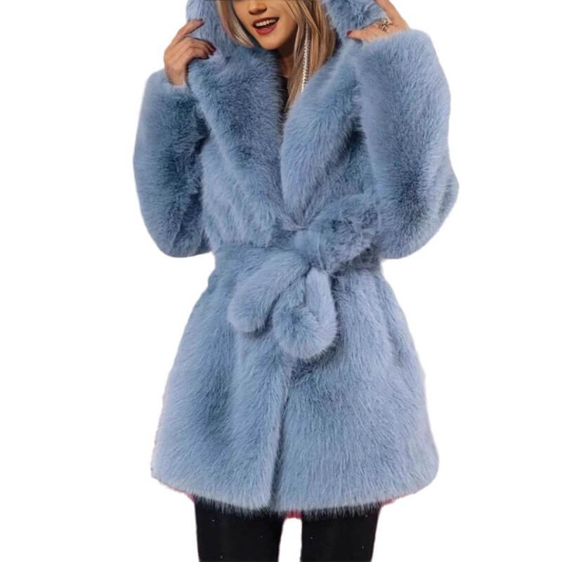 Autumn And Winter Elegant Hooded Strap Faux Fur Coat Women $49.50 Dana Fashion Color: Blue Size: 2XL Women's clothing Product information: Color: blue Size: S,M,L,XL,2XL,3XL Version: Loose Style type: fresh and sweet With fur collar: with fur collar Popul