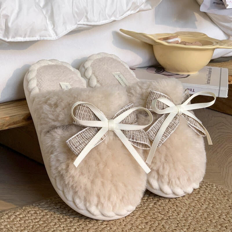 Autumn And Winter New Bow Tie Cotton Slippers Ladies Outside The Girl Heart Warm Plush Indoor Home Monthly Shoes Cotton Slippers $45.50 Dana Fashion Color: Beige Size: 36to37 Women's shoes Overview: Unique design, stylish and beautiful. Good material, com
