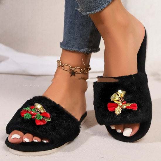 Autumn And Winter Open Toe Fluffy Slippers Word Home $28.27 Dana Fashion Color: Black Size: 36to37 Women's shoes Product information: Pattern: Cartoon Toe holder shape: round head Color: wine red, black, white Shoe Upper material: Suede Heel height: flat