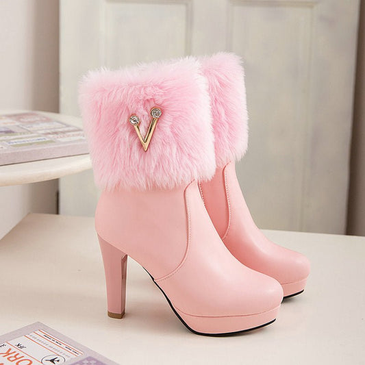 Autumn And Winter Short Boots Snow Female Buskin Female Boots Chunky Heel Booties $69.35 Dana Fashion Color: Black Size: 33 Women's shoes Product information: Color: white, black, pink Heel height: high heel (6-8CM) Sock length: low tube Heel shape: chunk