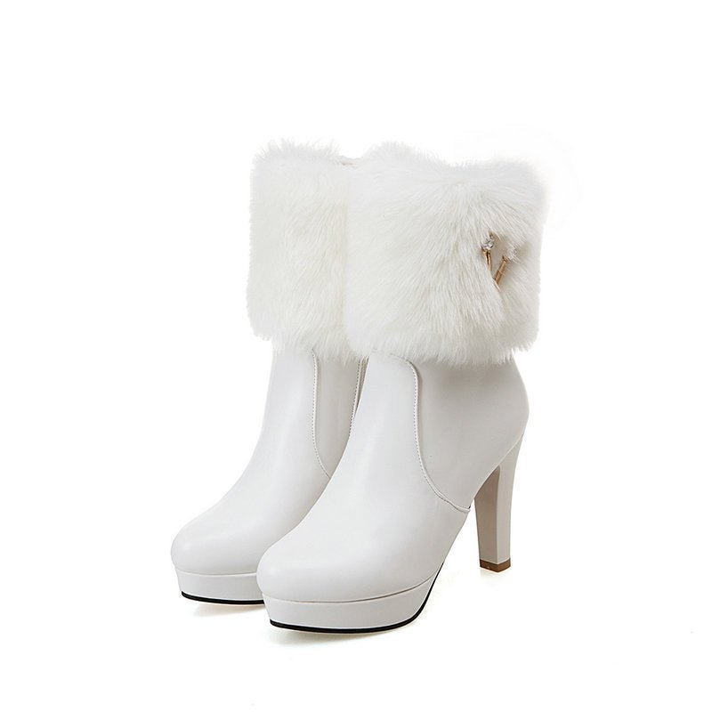 Autumn And Winter Short Boots Snow Female Buskin Female Boots Chunky Heel Booties $69.35 Dana Fashion Color: White Size: 33 Women's shoes Product information: Color: white, black, pink Heel height: high heel (6-8CM) Sock length: low tube Heel shape: chunk