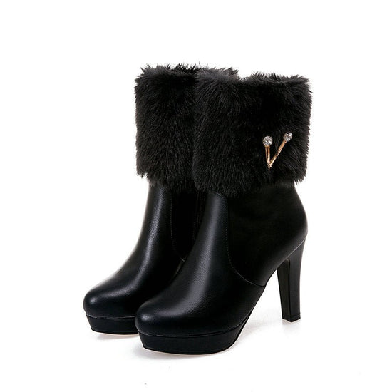 Autumn And Winter Short Boots Snow Female Buskin Female Boots Chunky Heel Booties $69.35 Dana Fashion Color: Black Size: 33 Women's shoes Product information: Color: white, black, pink Heel height: high heel (6-8CM) Sock length: low tube Heel shape: chunk