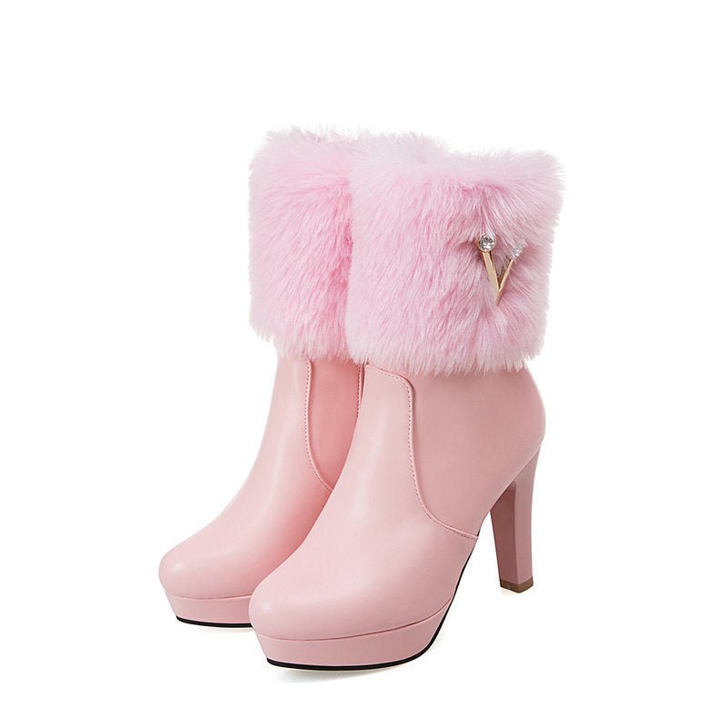 Autumn And Winter Short Boots Snow Female Buskin Female Boots Chunky Heel Booties $69.35 Dana Fashion Color: Pink Size: 33 Women's shoes Product information: Color: white, black, pink Heel height: high heel (6-8CM) Sock length: low tube Heel shape: chunky