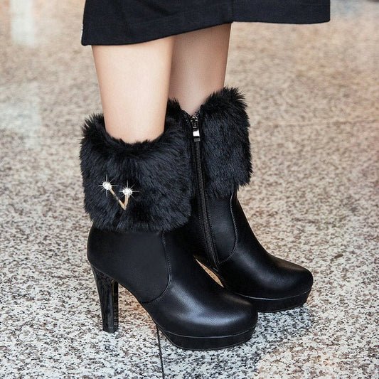 Autumn And Winter Short Boots Snow Female Buskin Female Boots Chunky Heel Booties $69.35 Dana Fashion Color: Black Size: 33 Women's shoes Product information: Color: white, black, pink Heel height: high heel (6-8CM) Sock length: low tube Heel shape: chunk