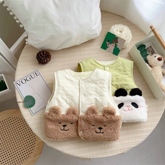 Autumn And Winter Windproof Thickening Children Outerwear Cartoon Winter Fleece Vest $32.92 Dana Fashion Color: Brown Bear Suitable For Height: 90cm Baby Clothing Product information: Pattern: Cartoon Color: green Panda [wool lining quilting], brown bear