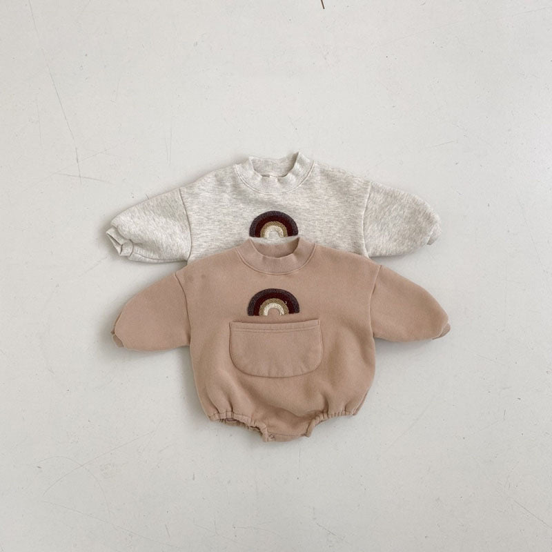 Autumn New Baby Rainbow Print Jumpsuit Romper $33.85 Dana Fashion Color: Coffee Child size: 66cm Baby Clothing Product information: Suitable season: winter Applicable gender: unisex / both men and women Sleeve Length: Long Sleeve Whether hooded: not hoode