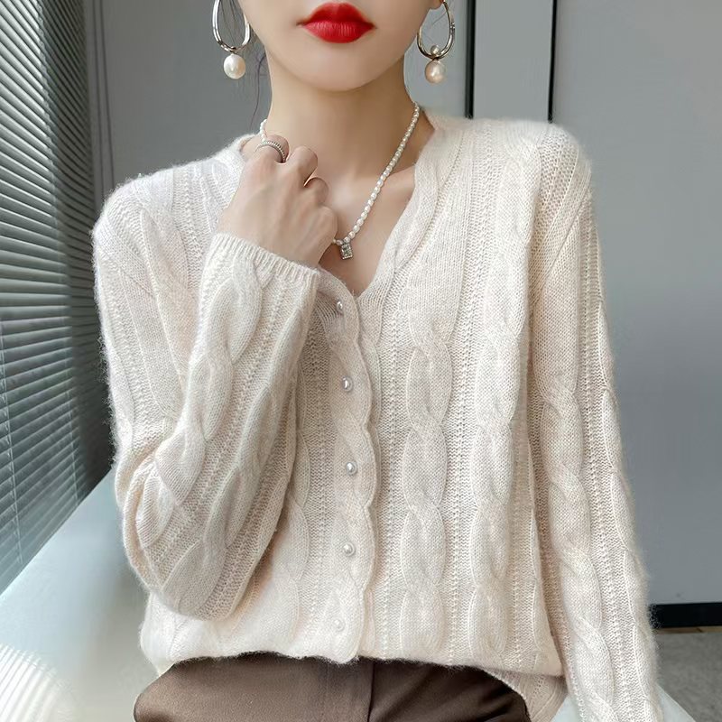Twisted Pearl-Button V-Neck OuterwearLayering Top Knitted Sweater Jacket