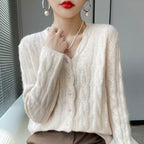 Twisted Pearl-Button V-Neck OuterwearLayering Top Knitted Sweater Jacket