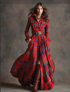 Ins Plaid Print Long-Sleeved Dress Fashion Pockets Collared Buttons Shirt Long Dresses Retro Women's Clothing - DanaFashionstore