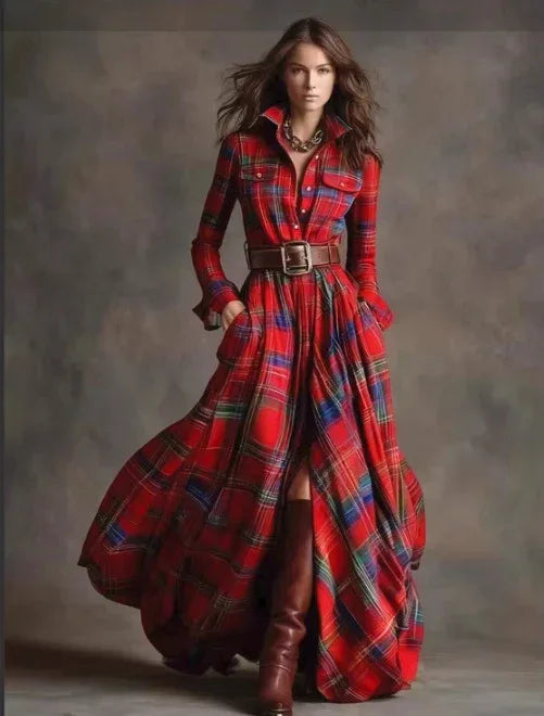 Ins Plaid Print Long-Sleeved Dress Fashion Pockets Collared Buttons Shirt Long Dresses Retro Women's Clothing - DanaFashionstore