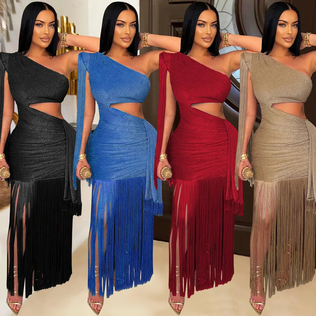 Fashionable Womens Sexy Casual One-Shoulder Tassel Dress - DanaFashionstore