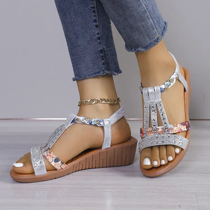 Casual Wedges Sandals With Rhinestone Summer Plus-size Peep-toe Roman Shoes - DanaFashionstore