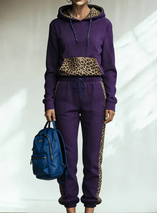 Leopard Print Patchwork Hooded Sweatshirt Set - DanaFashionstore