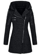 Women Warm Slim Full Zipper Coat Thick Woolen Coat Female Fall Winter Windbreaker Hooded Diagonal Zipper Women's Clothing - DanaFashionstore