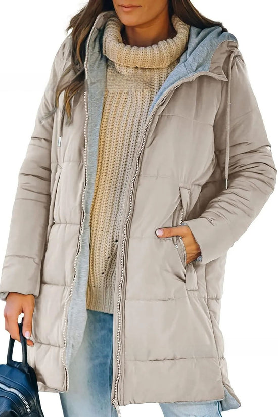 Women's Hooded Solid Color Pocket Long Cotton Jacket Coat