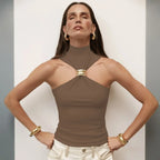 Gold Ring Sleeveless Cold-shoulder Stretch Top - DanaFashionstore