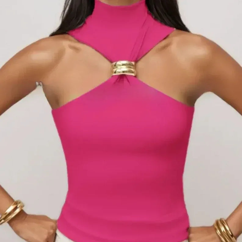 Gold Ring Sleeveless Cold-shoulder Stretch Top - DanaFashionstore