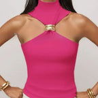 Gold Ring Sleeveless Cold-shoulder Stretch Top - DanaFashionstore