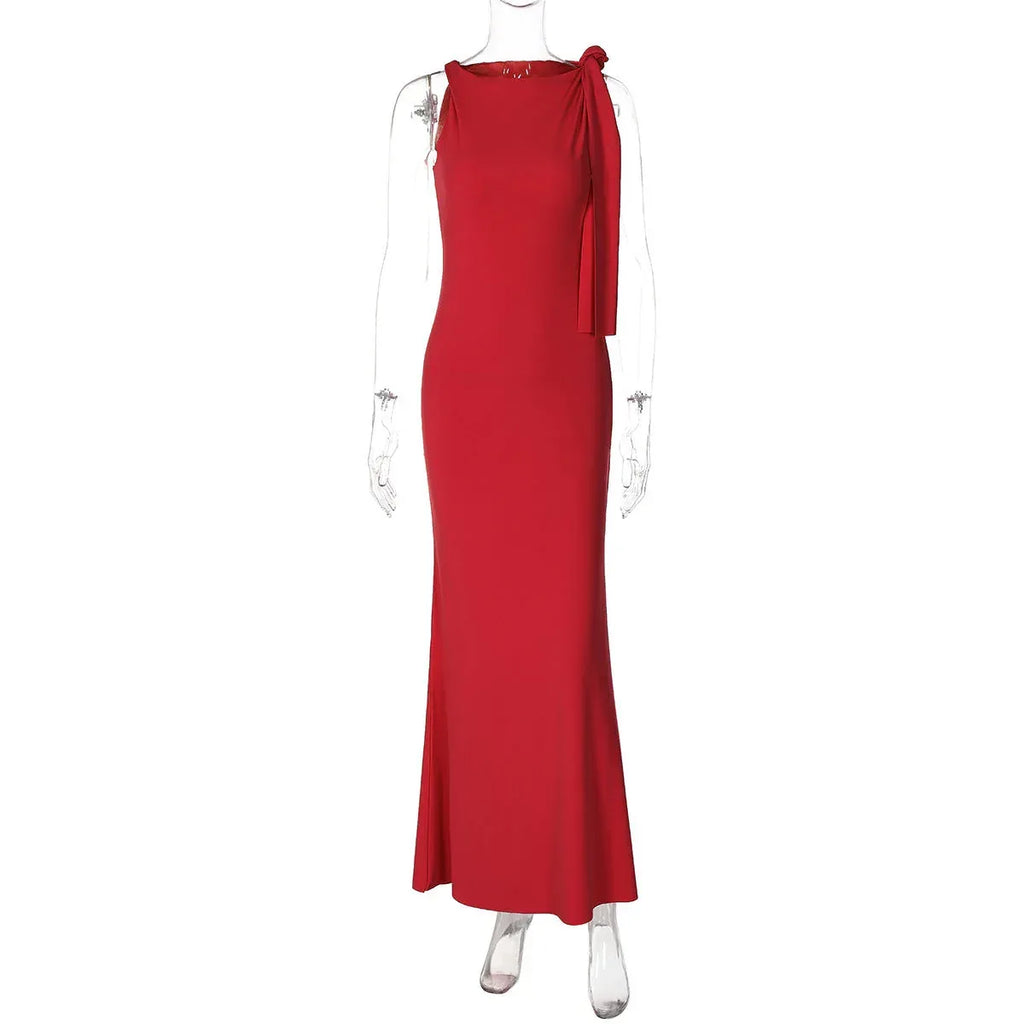 One-shoulder Ribbon Long Dress Ins Fashion Slim Sleeveless Dresses For Evening Party Club Clothing Women - DanaFashionstore