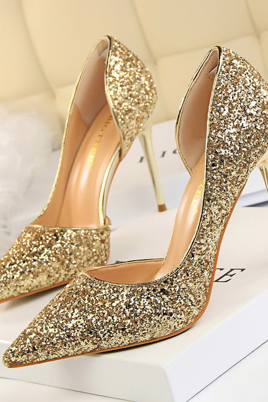 Skinny Women's Shoes Stiletto Heel Shallow Mouth Pointed Side Hollow-out Sequin