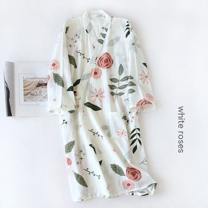 Women Bathrobe Nightdress Long Sleeve Nightgown Cotton Gauze - Dana Fashion