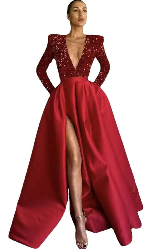 Women's Long Sleeve Sequin V-neck Sequins Evening Dress - DanaFashionstore