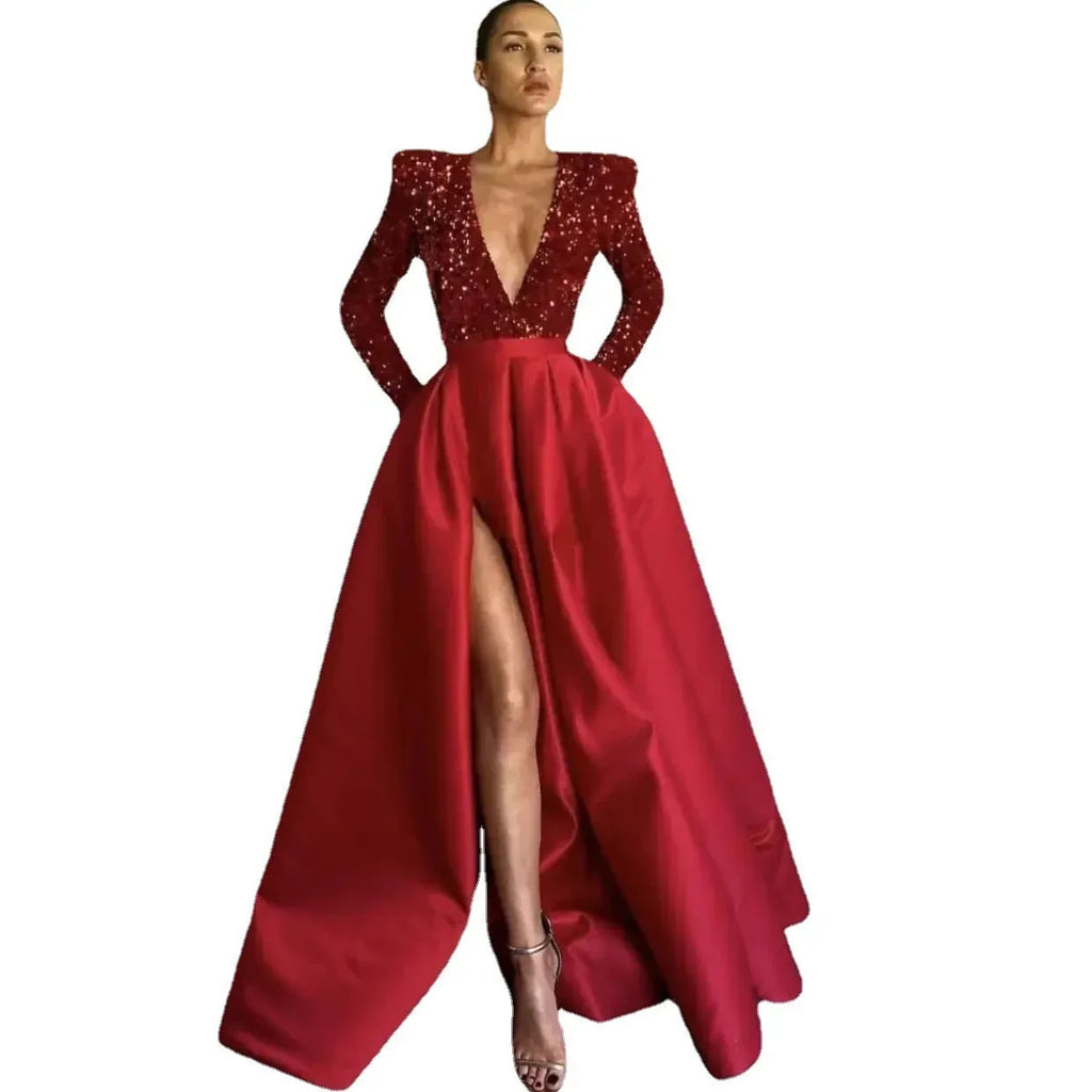 Women's Long Sleeve Sequin V-neck Sequins Evening Dress - DanaFashionstore