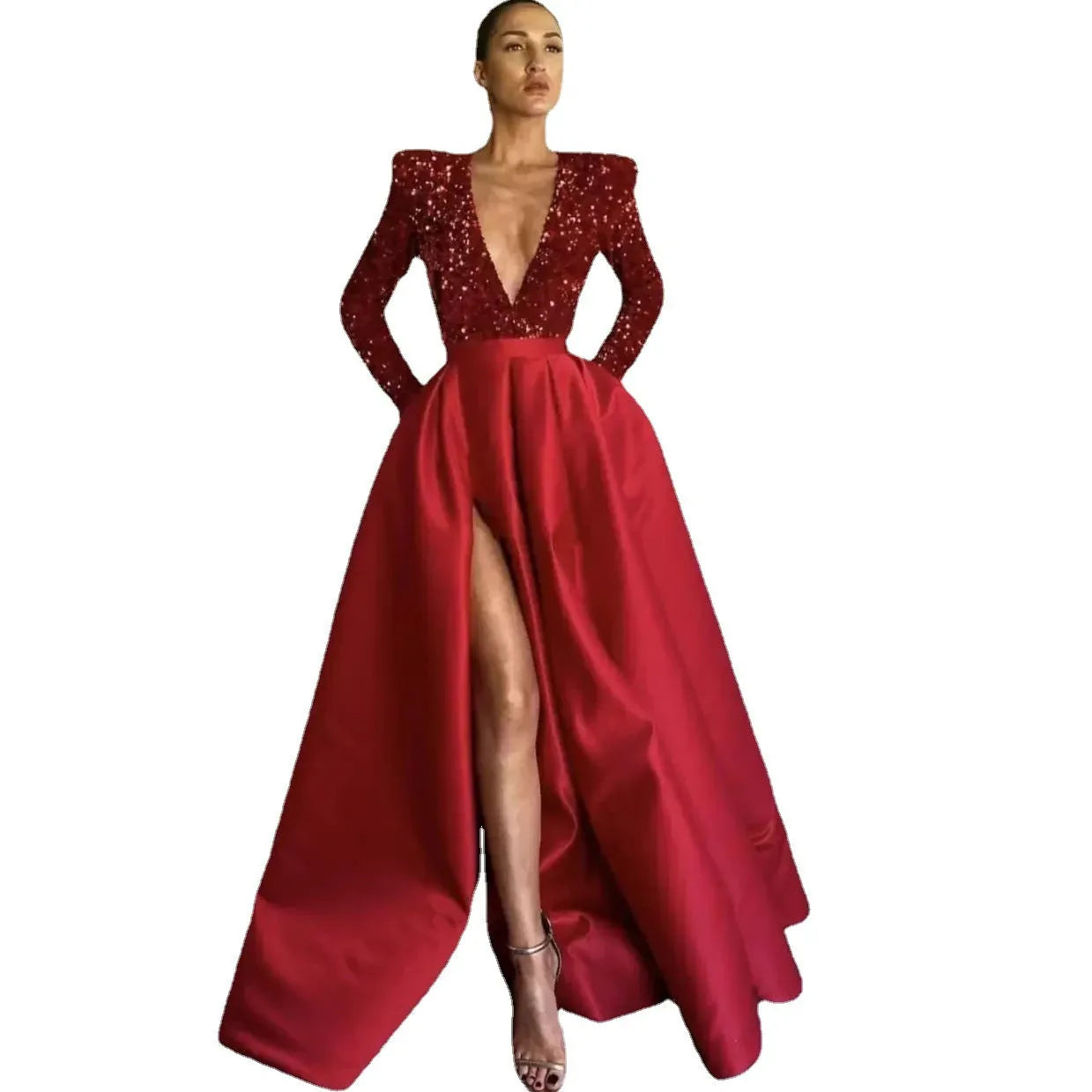 Women's Long Sleeve Sequin V-neck Sequins Evening Dress - DanaFashionstore