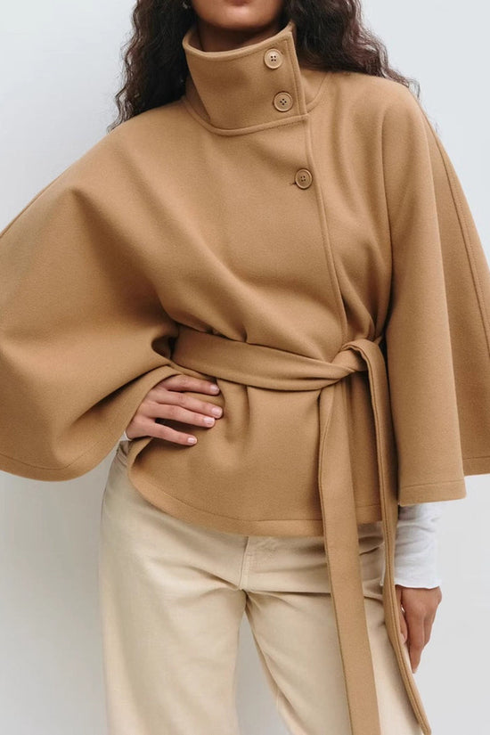 Winter High Neck Batwing Sleeve Coat With Belt Fashion Loose Elegant Button Top Trench Coat For Women Clothing