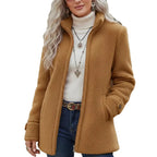Womens Stand-Up Collar Solid-Color Loose Casual Long-Sleeve Fleece Zip-Up Jacket - DanaFashionstore